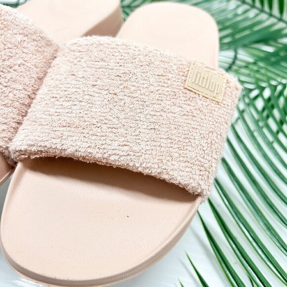Fitflop iQUSHION Women's Towelling Slide Sandals Beige Buff Cotton Size 6 - Picture 4 of 9